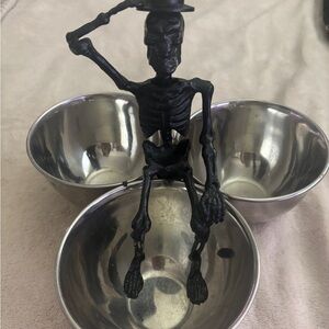 Black Skeleton Figurine with Silver Bowls